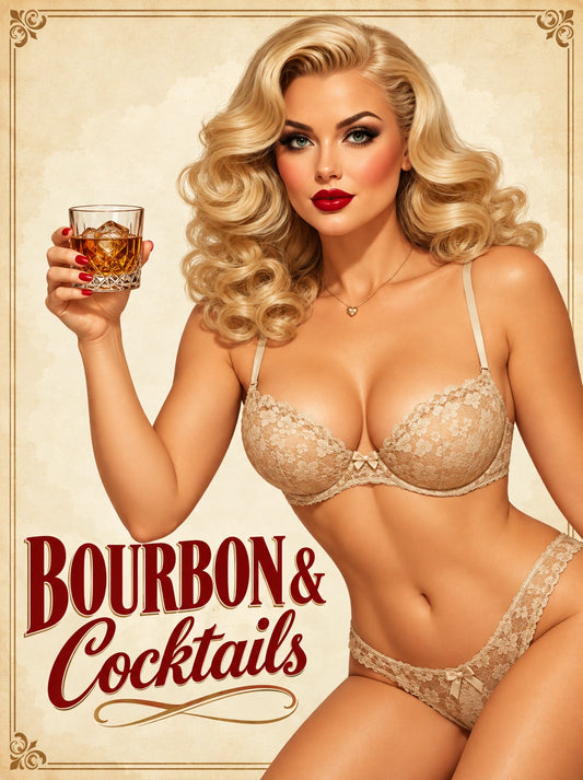 Custom bourbon cocktail pinup portrait of a blonde woman in cream lace holding a short bourbon cocktail glass
