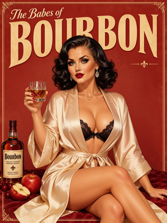 Custom bourbon connoisseur pinup portrait of a dark-haired woman in champagne silk with a bourbon bottle, apples and cherries