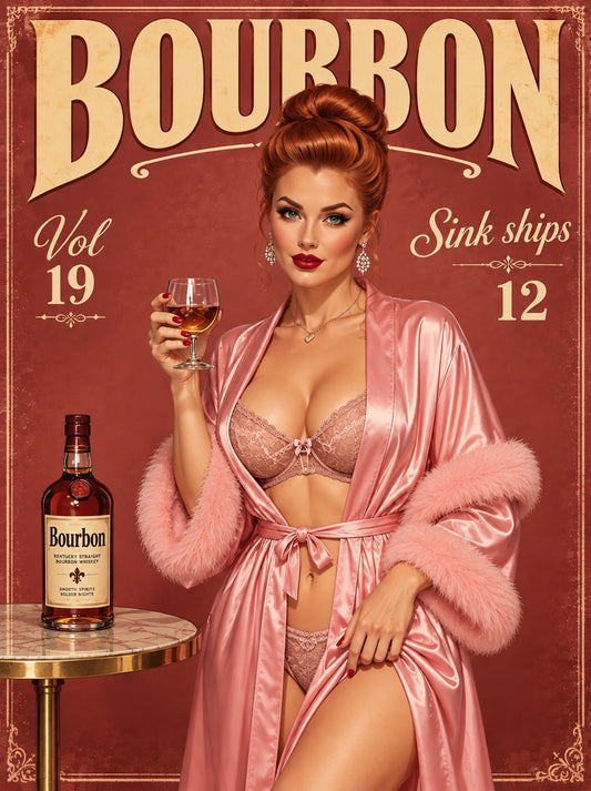 Custom bourbon hostess pinup portrait of a red-haired woman in a pink satin robe beside a marble table with bourbon