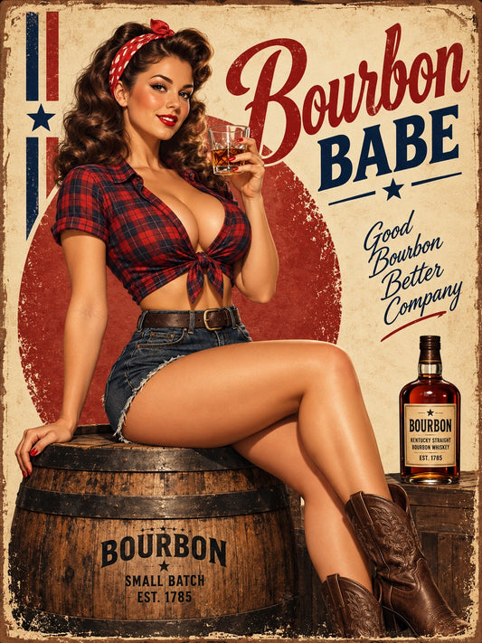 Custom Kentucky bourbon barrel pinup portrait of a woman seated on an oak whiskey barrel holding a glass of bourbon