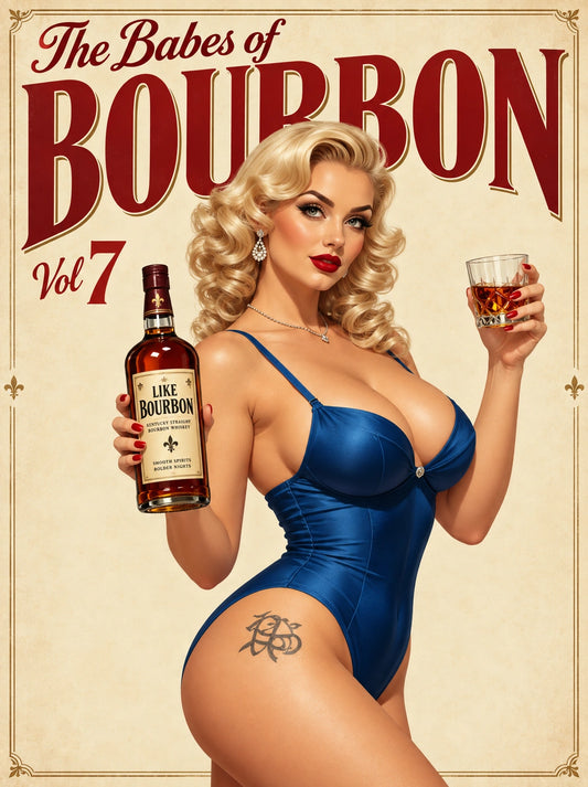 Custom small batch bourbon pinup portrait of a blonde woman in a blue swimsuit holding a bourbon bottle and glass