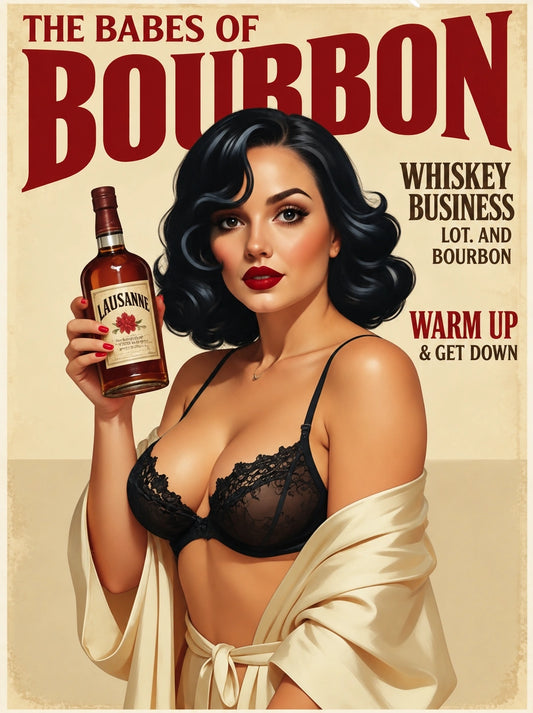 Custom whiskey business pinup portrait of a black-haired woman in a cream silk robe holding a whiskey bottle