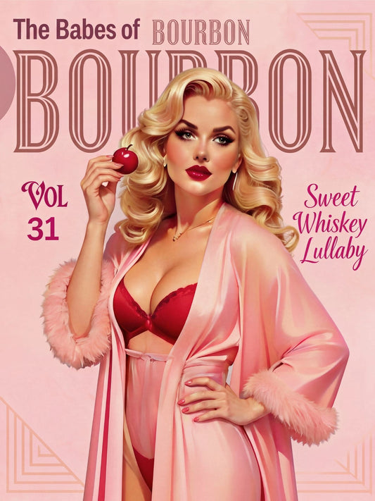 Custom whiskey lover gift pinup portrait of a blonde woman in a pink satin robe with marabou trim