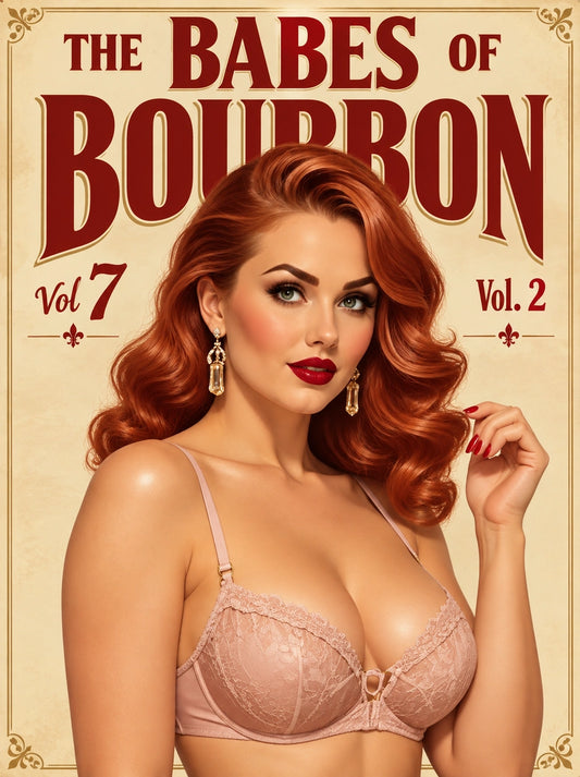 Custom bourbon redhead pinup portrait, a close cropped study of a red-haired woman in blush lace