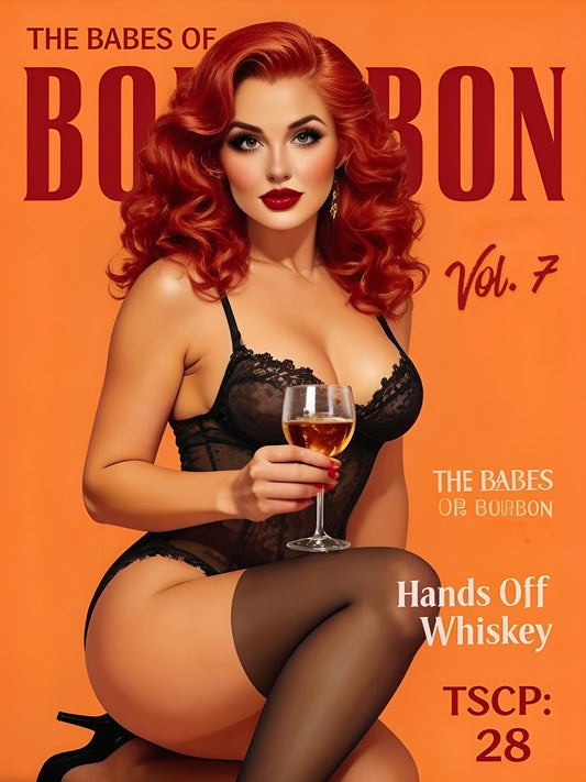 Custom rye whiskey pinup portrait of a red-haired woman in black lace holding a glass of rye